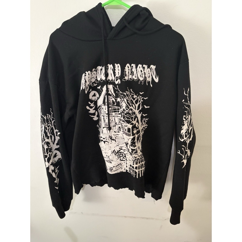 ROMWE Haunted House Print Hoodie Pullover Sweatshirt Black Size Medium